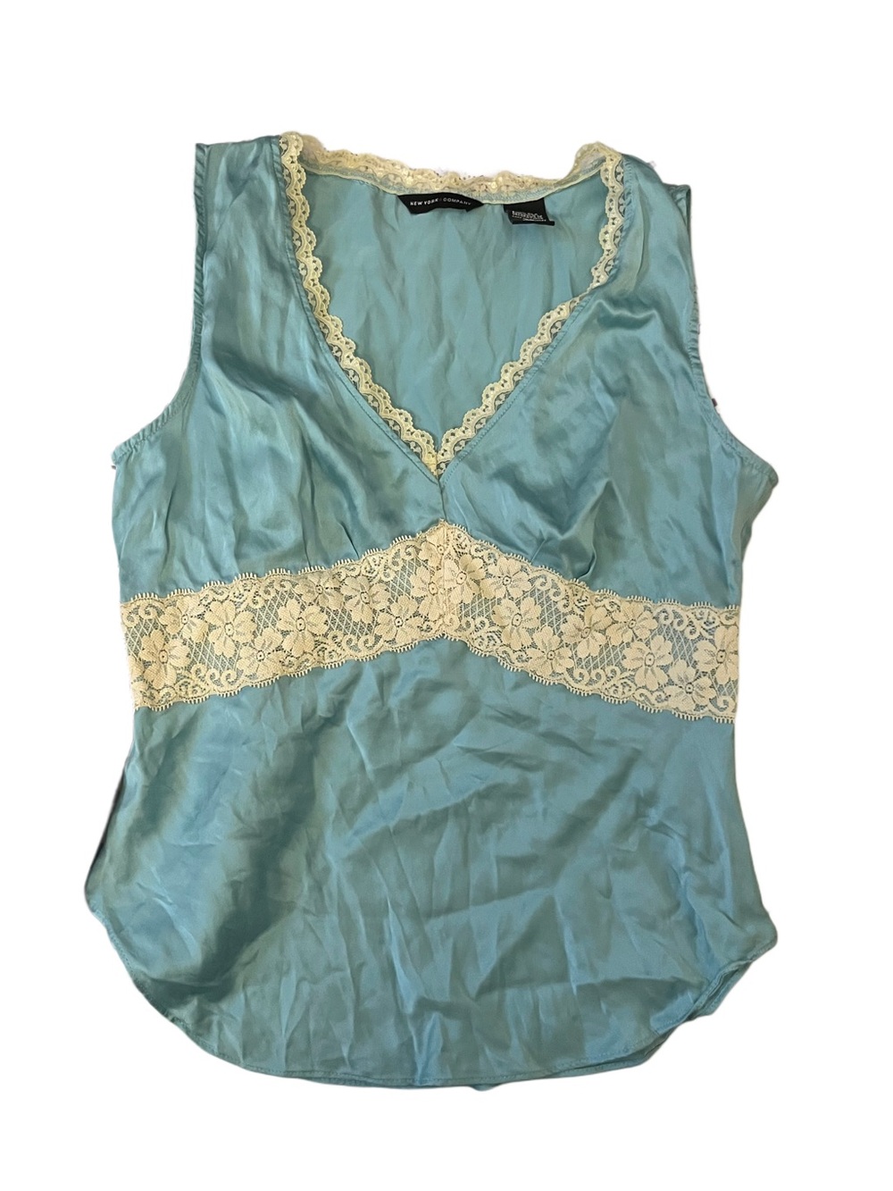 New York & Company Light Blue Tank Top with Cream Lace Trim